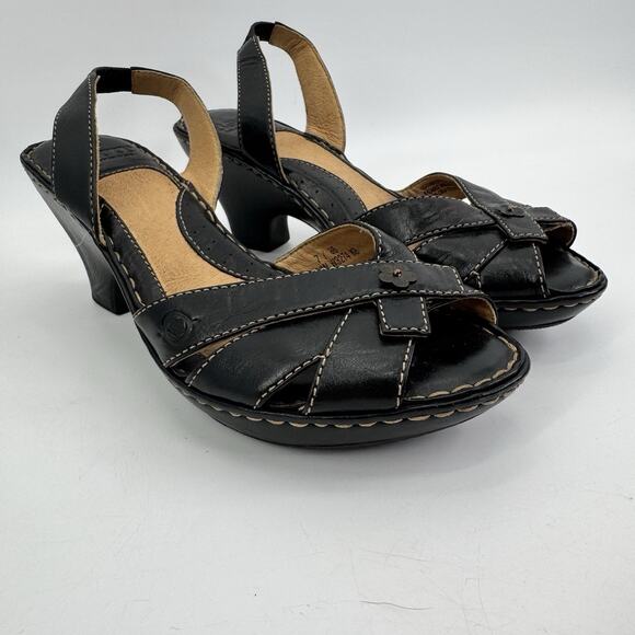 Born Slingback Sandal 7 Black Leather Chunky Heel Strappy Peep‎ Y2K Handcrafted - Picture 1 of 13